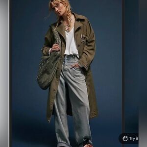 New Free People We The Free Perry Military Duster Coat Jacket Olive Green XS